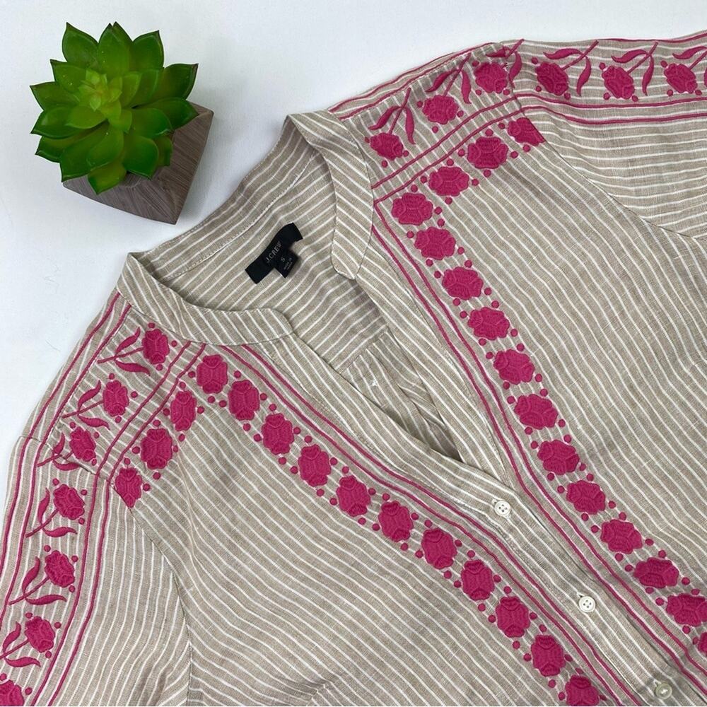 J.Crew Embroidered‎ 100% Linen Tunic Stripe Tan Size S V-Neck Boho Beach